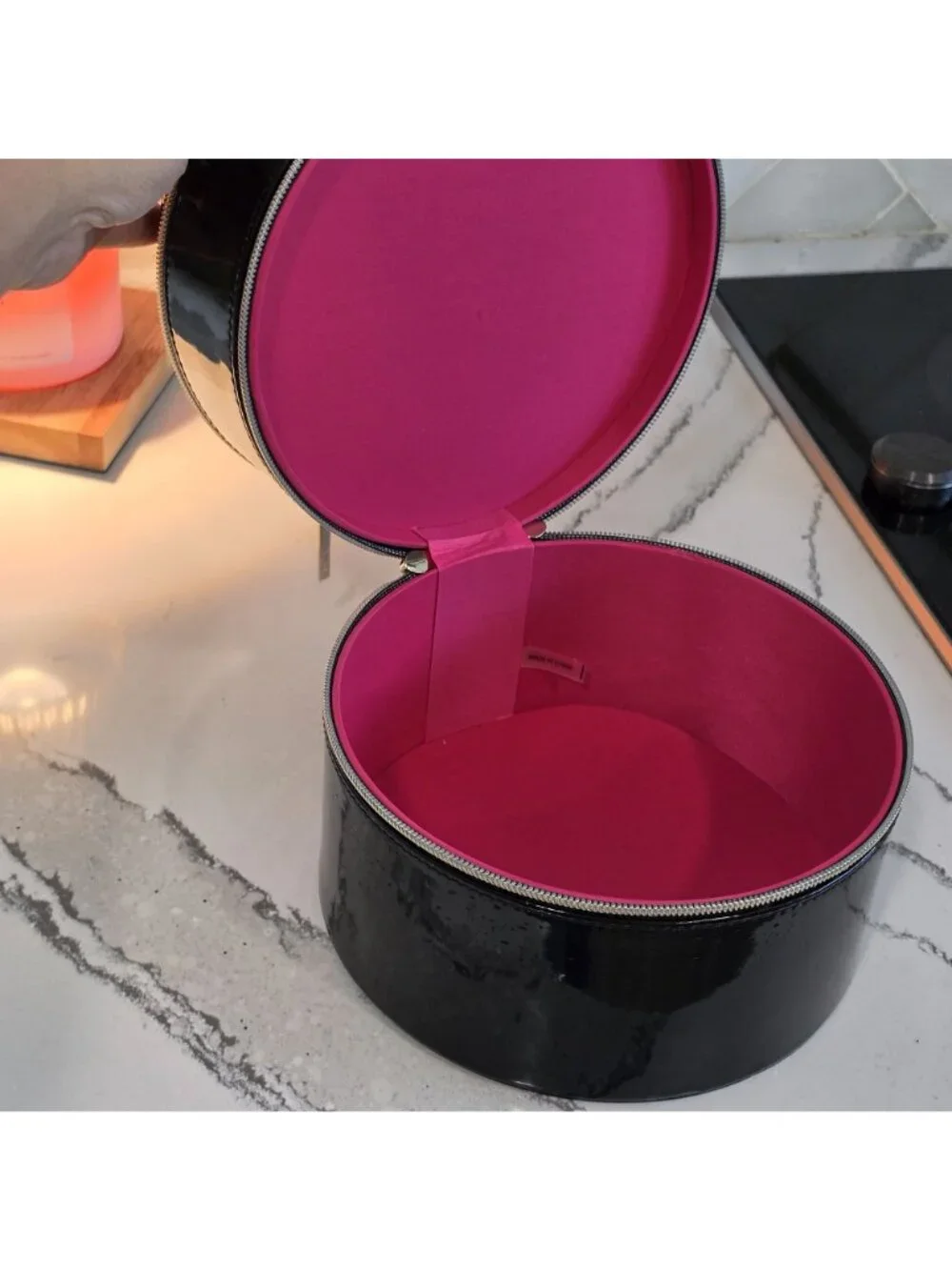 Lancôme Round Black Patent Cosmetic Case With Mirror & Dual Zipper Compartments